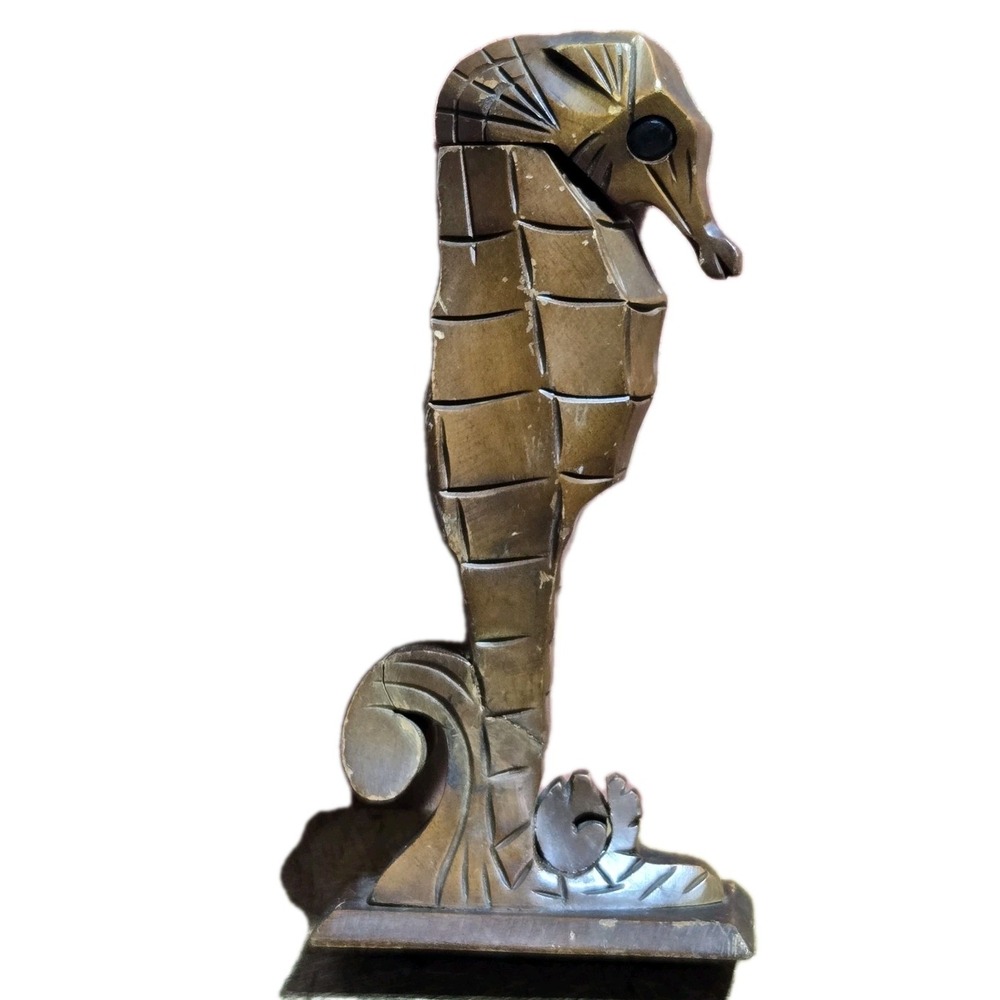 VTG Rustic Hand Carved Wood‎ Seahorse Stash Box Marine Ocean Primitive READ